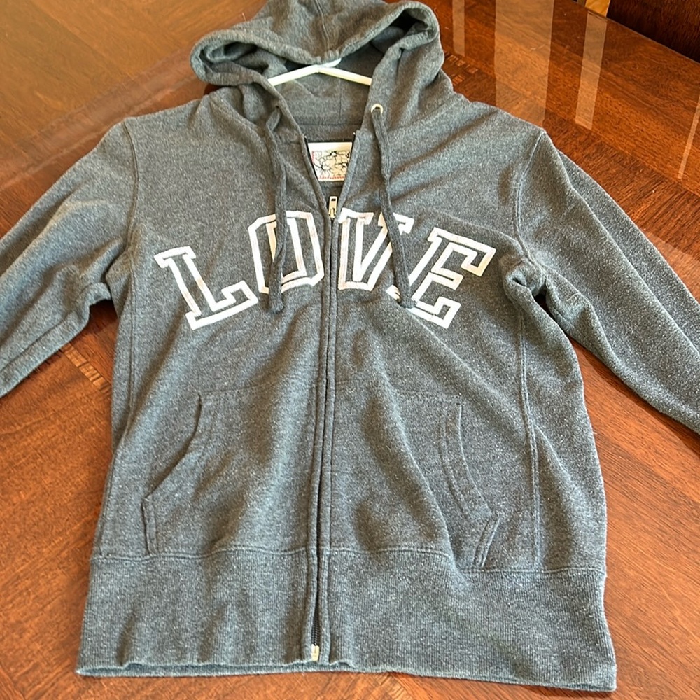 Love size medium, gray hooded sweatshirt by 2 cute